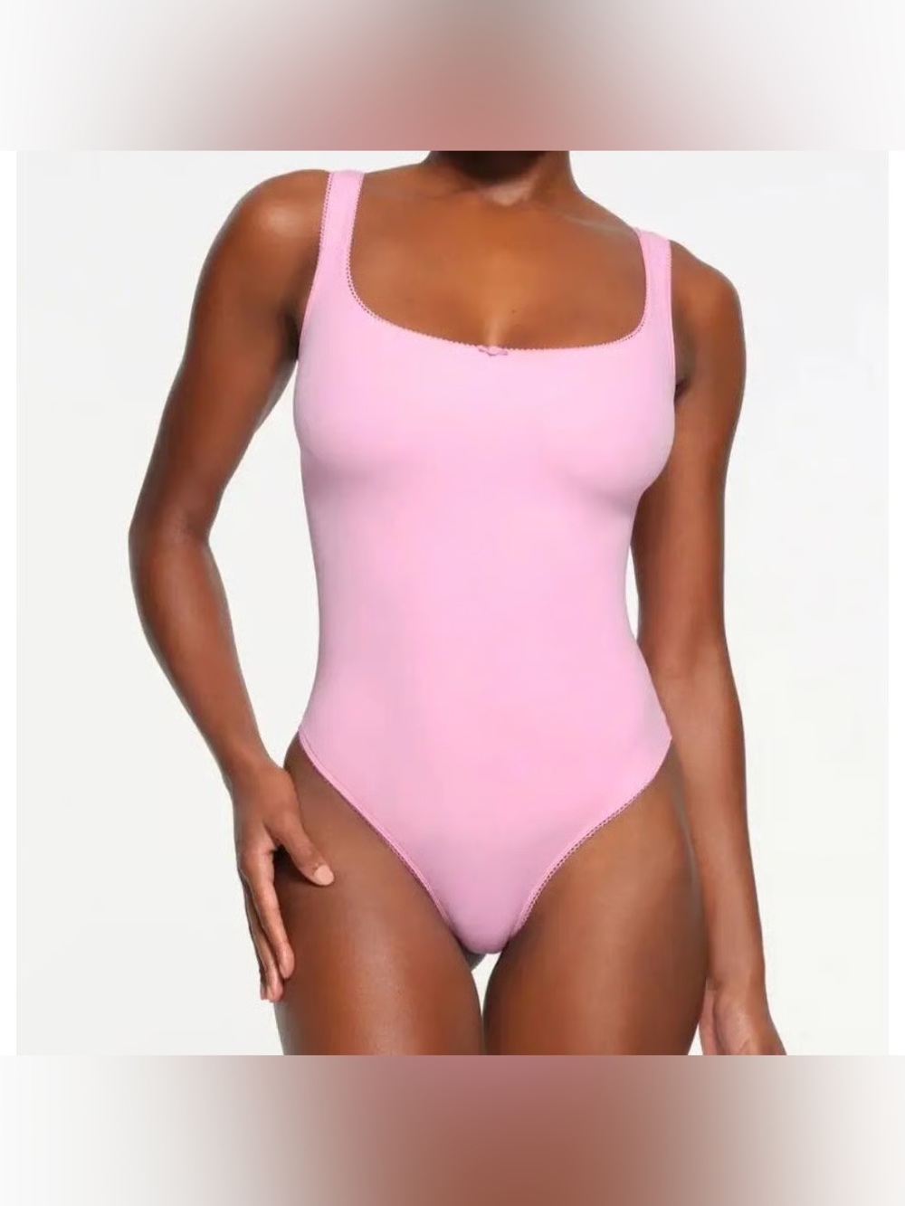 SKIMS Pink Picot Trim Square Neck Thong Bodysuit Rosebud Stretch Womens Medium M